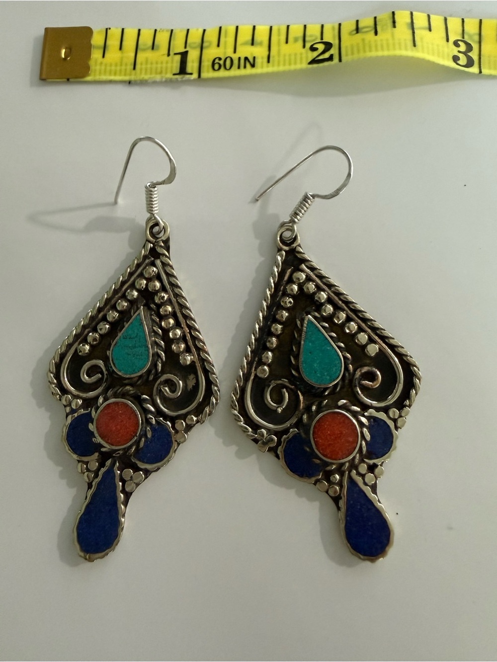 Bohemian Teardrop Dangle Earrings with Turquoise & Blue Inlay